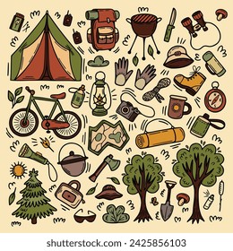 Camping, hiking. Set of doodle elements. map, mat, binoculars, backpack, hat, tent, bicycle, kerosene lamp, boots. Hand drawn illustration, outline.