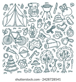 Camping, senderismo. Conjunto de elementos de garabato. mapa, alfombra, binoculares, mochila, sombrero, tienda, bicicleta, lámpara de queroseno, botas. Dibujado a mano ilustración, contorno.