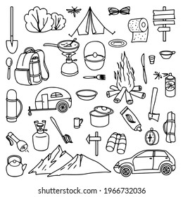 Camping and hiking. Set of elements drawn in outline doodle style. Vector illustration. Design for prints, posters, travel, travel tickets