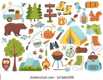 Camping and hiking set, hand drawn elements- tent, campfire, map and wild animals.  Perfect for scrapbooking, craft projects, posters, tags, sticker kit. Vector illustration.