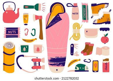 Camping and hiking set. Hand drawn elements sleeping bag, mat, cap and binoculars. Perfect for local tourism, craft projects, posters, tags, sticker kit. Vector illustration.