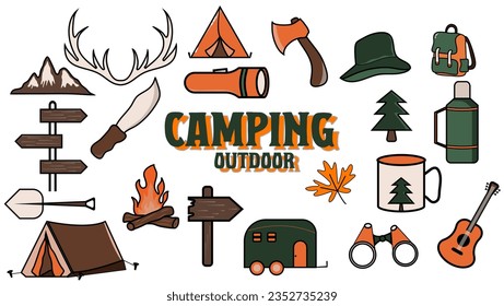 Camping and hiking set, hand drawn elements-tent, circular fire, map and lying animals. Perfect for scrapbooking, craft projects, posters, tags, sticker kits. Vector illustration.