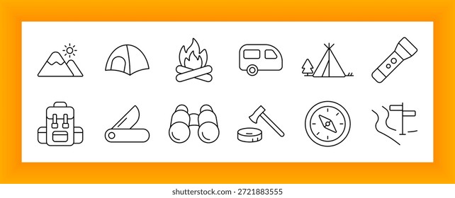 Ikone für Camping- und Wanderset. Mountain, Zelt, Lagerfeuer, Rucksack, Taschenlampe, Anhänger, Kompass, Fernglas, Karte, Axt und Taschenmesser in Outdoor Survival Line-Icon-Stil gezeigt.