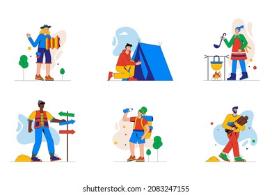 Camping y senderismo conjunto de mini concepto o íconos. La gente descansa en una carpa, cocina en una fogata, recoge leña, sigue la ruta en el mapa, escena de personas modernas. Ilustración vectorial en diseño plano para web