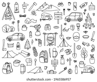 Camping and hiking. Set of recreation and tourism elements drawn in outline doodle style. Vector illustration. Design for prints, posters, travel, travel tickets