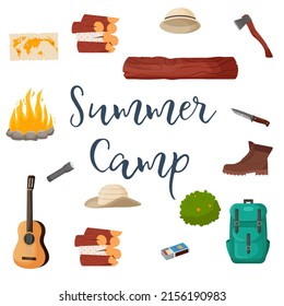 Camping and hiking set. Summer camp travel tools collection for survival in wild, tent, backpack, map, axe, campfire and other camping equipment.