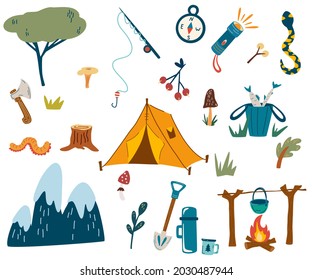 Camping and hiking set. Tourist equipment. Hand draw Hiking outdoor elements kit. Cartoon Vector Illustration of Camping gear symbols and icons collection on white background.