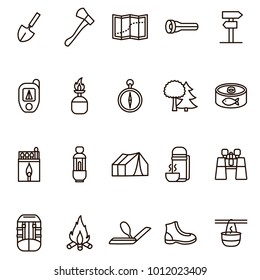 Camping Hiking Signs Black Thin Line Icons Set Outdoor Activity Adventure and Travel. Vector illustration of Icon Recreation