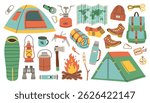 Camping and hiking simple set. Hand drawn elements outfit, tent, campfire, map. Perfect for scrapbooking, craft projects, posters, tags, sticker kit.