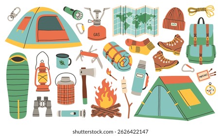 Camping and hiking simple set. Hand drawn elements outfit, tent, campfire, map. Perfect for scrapbooking, craft projects, posters, tags, sticker kit.
