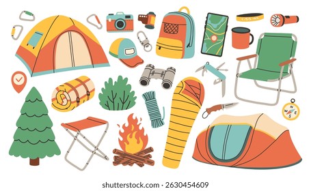 Camping and hiking simple set. Hand drawn elements outfit, tent, campfire, fir, mobile map. Perfect for scrapbooking, craft projects, posters, tags, sticker kit.
