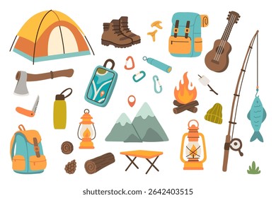 Camping and hiking simple set. Hand drawn elements of outdoor adventure: tent, backpack, fire, fishing gear, boots, lantern, tools, and mountain scenery. Perfect for travel and camping designs