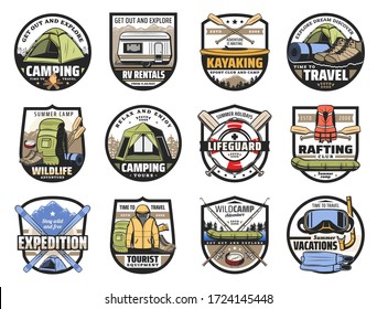 Camping and hiking sport tourism and outdoor adventure travel equipment vector icons. River rafting, kayaking and scuba diving club, skiing, mountain expedition and fishing, summer and winter tourism