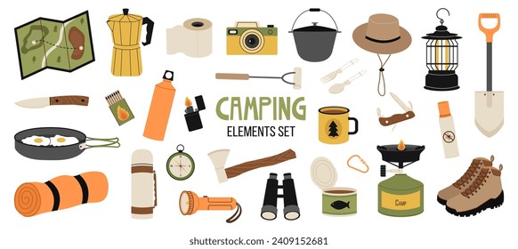 Camping and hiking stickers set. Vector hand drawn illustration collection of outdoor recreation elements: cartoon chair, boots, tent, map, backpack, binoculars, spade, axe, knife, frying pan, guitar 