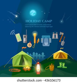 Camping hiking tent glows under a night sky summer adventure tourism signs vector illustration 