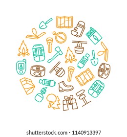 Camping Hiking Thin Line Round Design Template Outdoor Activity Adventure and Travel. Vector illustration of Icon Recreation