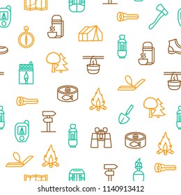 Camping Hiking Thin Line Seamless Pattern Background Outdoor Activity Adventure and Travel. Vector illustration of Recreation