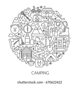 Camping, hiking tools and Equipment infographic in circle - concept line vector illustration for cover, emblem, badge. Outline icons set.