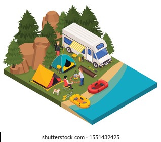 Camping hiking touristic isometric composition with outdoor view of camper van tents and people making campfire vector illustration