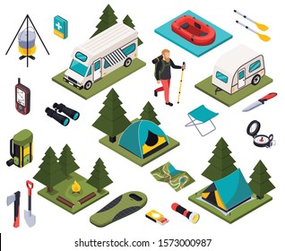 Camping hiking touristic isometric set with isolated icons and images of outdoor adventure goods and outfit vector illustration