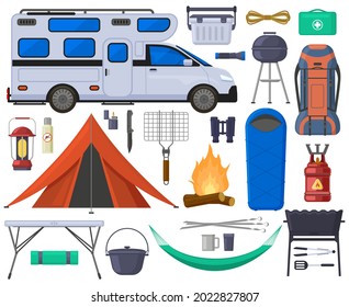 Camping hiking touristic tent, van, campfire elements. Hiking outdoor adventure equipment vector illustration set. Tourist camping equipment for relaxation or recreation, supplies for rest