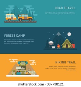 Camping, hiking and trailering adventure concept background with place for text. Campground, RV camper on road and mountain hiking concept banner templates. Adventure travel vector. Adventure banner.