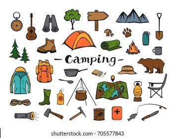 camping hiking travel road trip adventure gear, supply and demand colorful doodle set