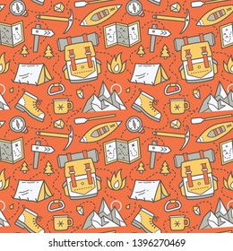 Camping and hiking travel seamless pattern.