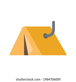 Camping and hiking travel tent with chimney. Flat vector illustration isolated on white background. Front view of yellow pyramid shaped canvas tent