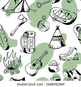 Camping , hiking , travel vector seamless pattern on white background . Concept for wallpaper, wrapping paper, textile 