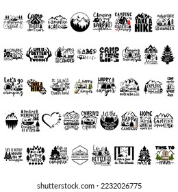 Camping, Hiking,  Travelling Quotes Bundle. Quotes about camping, Adventure quotes, Hiking quotes,Adventure letterings. Wild animals, fireplace, mountains, tents and other elements. Flat Vector illust