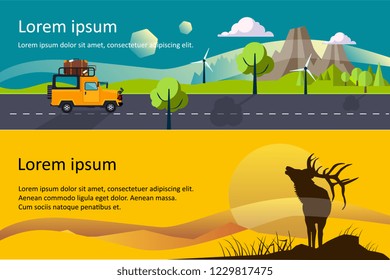 Camping, hiking and trekking horizontal banners, eco tourism, hunting, mountain landscape vector Illustration