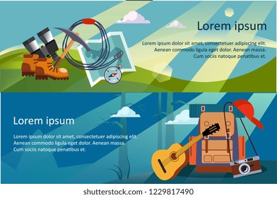 Camping, hiking and trekking horizontal banners, summer travel, eco tourism, camping equipment vector Illustration