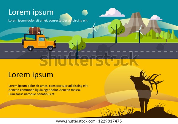 Camping, hiking\
and trekking horizontal banners, eco tourism, hunting, mountain\
landscape vector\
Illustration