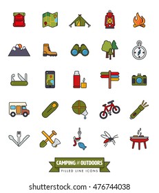 camping, hiking, trekking and outdoor pursuit filled line icon collection