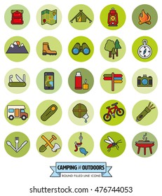 camping, hiking, trekking and outdoor pursuit filled line icons in green circles collection