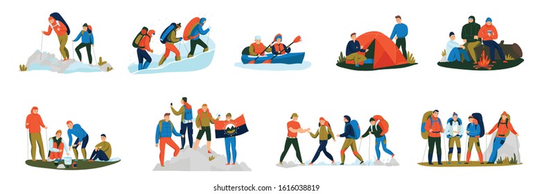 Camping hiking trekking tours colorful compositions set with tent campfire mountain climbing boating tourists isolated vector illustration