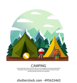 Camping, hiking, vacation vector 
illustration. Set of camping items: tents, backpacks, fire, guitar, camping equipment, mountain. For your banners, advertisements, posters