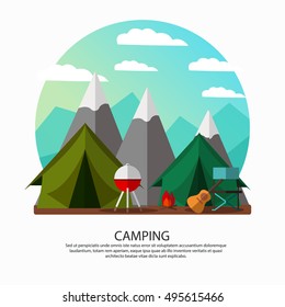 
Camping, hiking, vacation vector 
illustration. Set of camping items: tents, backpacks, fire, guitar, camping equipment, mountain. For your banners, advertisements, posters