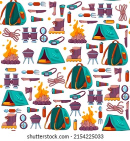 Camping and hiking vector cartoon seamless pattern on white background.