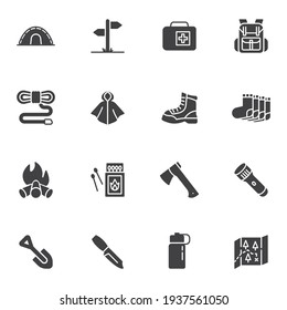 Camping And Hiking Vector Icons Set, Hiking Equipment Modern Solid Symbol Collection, Filled Style Pictogram Pack. Signs, Logo Illustration. Set Includes Icons As Camping Tent, Rain Coat, Backpack