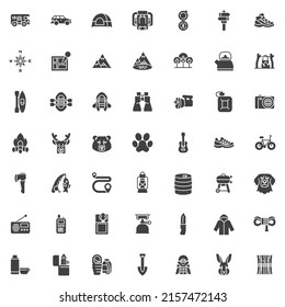 Camping And Hiking Vector Icons Set, Modern Solid Symbol Collection, Filled Style Pictogram Pack. Signs, Logo Illustration. Set Includes Icons As Caravan Car, Tent, Sleeping, Bag, Backpack, Campfire