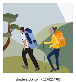 Camping and hiking. Vector illustration in a flat style. 