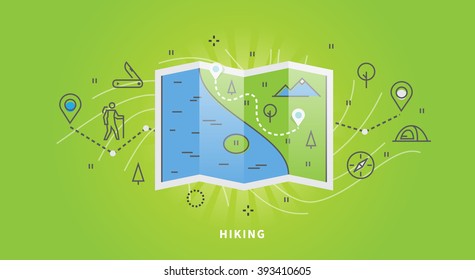 Camping and hiking vector illustration. Line art style.