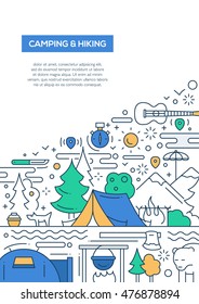 Camping and hiking - vector line design brochure poster, flyer presentation template, A4 size layout.