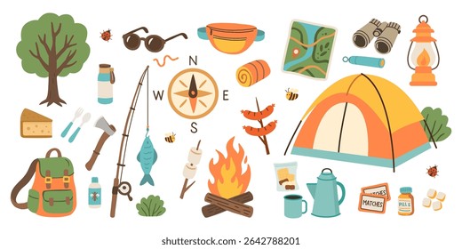 Camping and Hiking Vector Set with Tent, Campfire, Backpack, Tools, and Forest Elements – Colorful Hand Drawn Illustration for Outdoor Adventure, Tourism, and Nature Exploration Projects