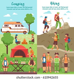 Camping hiking vertical banners set with editable text and compositions of people characters in outdoor environment vector illustration