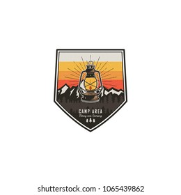 Camping and hiking vintage badge. Mountain explorer label. Outdoor adventure logo design with lantern. Travel and hipster vintage badge. Wilderness camping emblem. Stock vector patch.