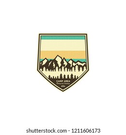 Camping And Hiking Vintage Badge. Mountain Explorer Label Template. Outdoor Adventure Logo Design With Mountains. Stock Vector Patch.