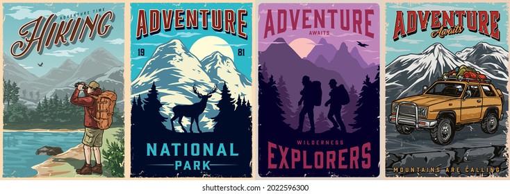 Camping and hiking vintage posters with travel car deer two hikers traveler standing on coast of river and looking through binoculars at nature landscape vector illustration